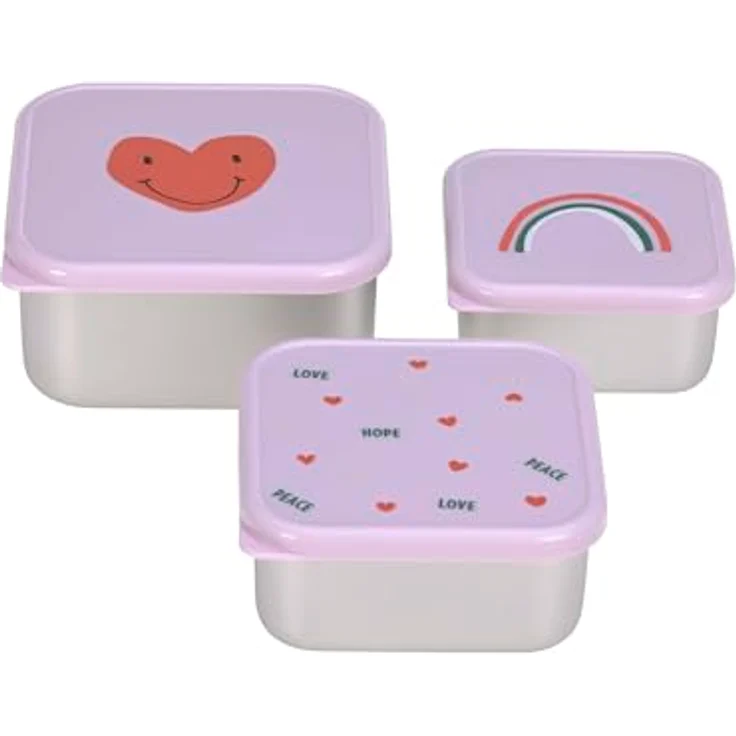 Lässig 3-tlg. Edelstahl-Snackboxen-Set Happy Rascals Heart, langlebig und stapelbar, Lavender – Bild 1