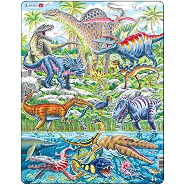 Larsen FH49 Dinosaurier, die fliegen, Laufen und tauchen Kinder Puzzles, 70-teilige Rahmenpuzzles Dinosaurier Puzzle, pädagogische Puzzles für 4 Jahre alt und darüber
