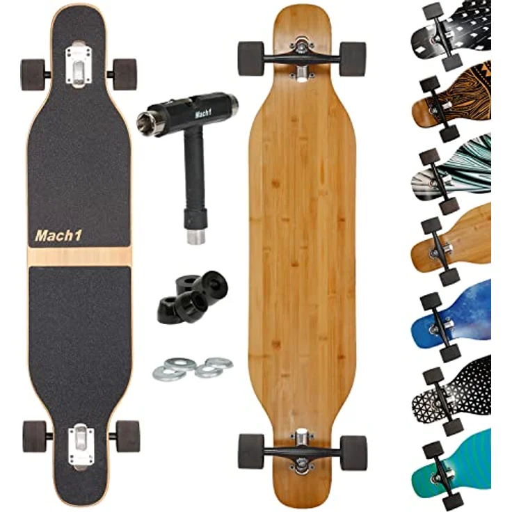 Mach1 Bambus Longboard mit Keramik Kugellager + T-Tool - Skateboard Drop Through Cruiser Komplettboard (Blanko) – Bild 1