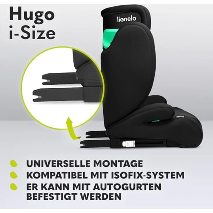 lionelo Autokindersitz HUGO I-SIZE, i-Size / ISOFIX oder Autogurte / 15-36kg, schwarz – Bild 6