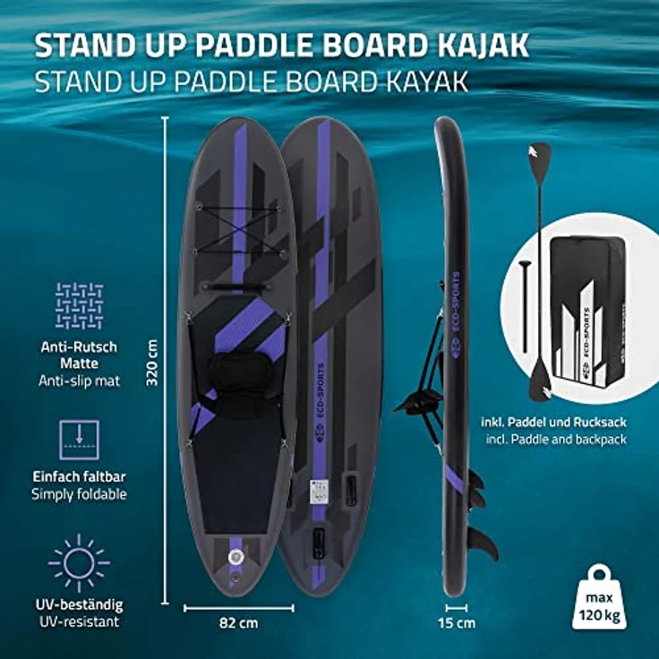 ECD Germany Aufblasbares Stand Up Paddle Board mit Kajak Sitz, 320x82x15 cm, Schwarz, PVC bis 120kg, inkl. Pumpe, Tragetasche und Zubehör – Bild 2