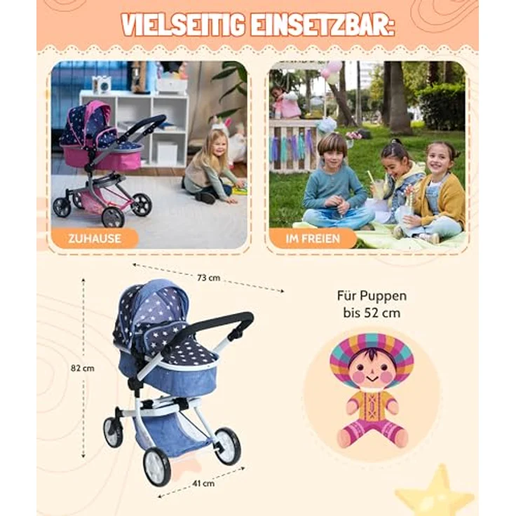 Bayer Kombi-Puppenwagen "MIKA", schickes Gestell, schwenkbare Vorderräder, 2-in-1 Sportsitz/Wannenaufsatz, höhenverstellbarer Schiebegriff, kompakt zusammenklappbar, für Puppen bis 52 cm, pink – Bild 4