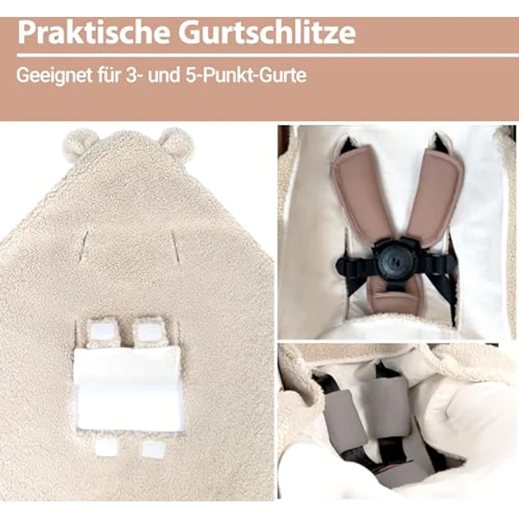 Zamboo Fußsack Teddy - Beige, Kuschelige Baby Einschlagdecke mit Öhrchen & Gurtschlitzen für Babyschalen – Bild 5
