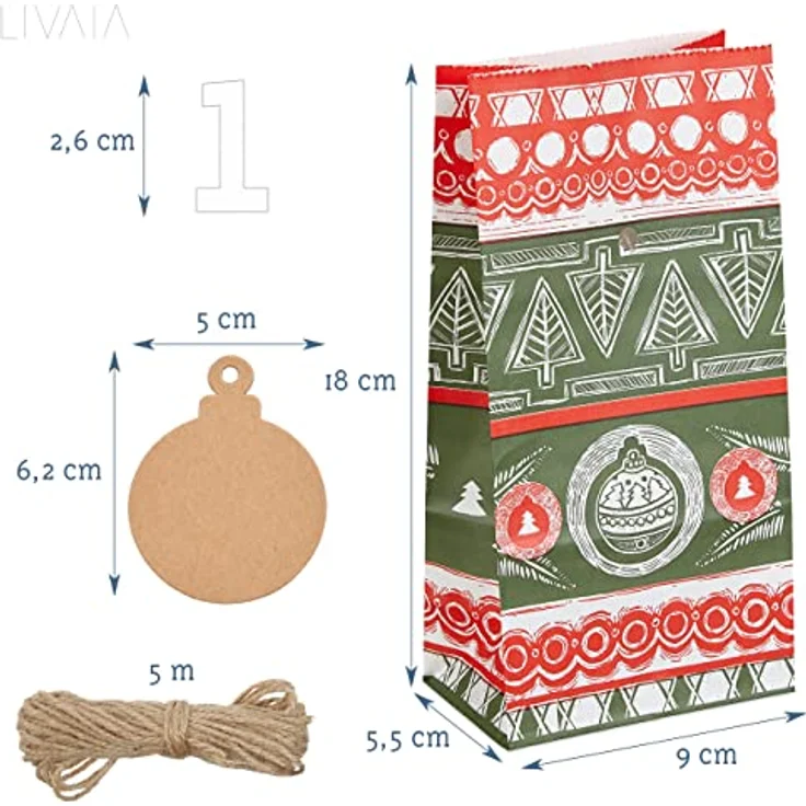 LIVAIA Adventskalender Tüten zum Befüllen, Papiertüten klein – Weihnachtliche Motive, DIY Set 2023 – Bild 3