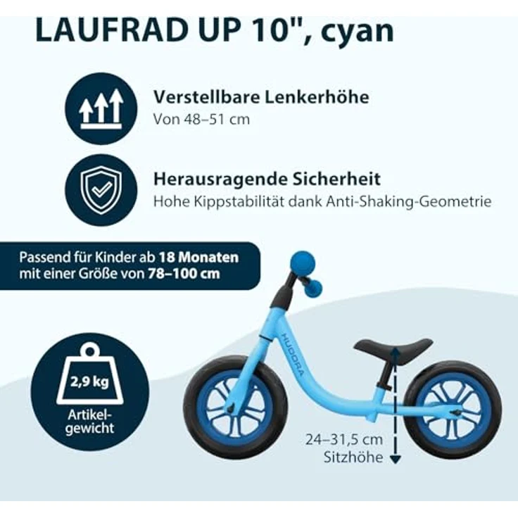 HUDORA Laufrad Up 10 Zoll Cyan, Leichtes Lauflernrad ab 18 Monaten mit hoher Kippstabilität für Kinder von 78-100 cm, ergonomischer Sattel und höhenverstellbarer Lenker – Bild 2