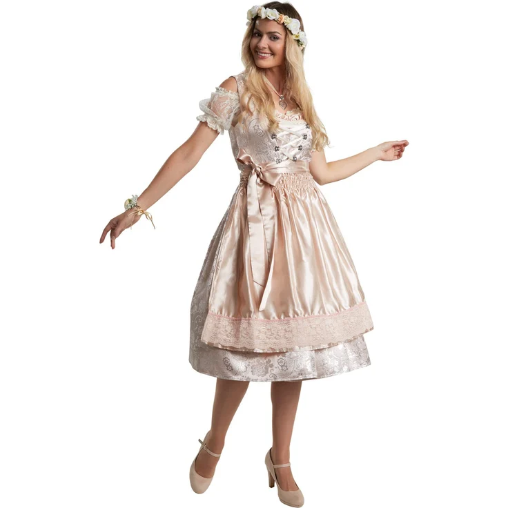 dressforfun Dirndl Frauenkostüm Midi-Dirndl Traunstein Modell 2, elegantes Tailliertes Dirndl mit feiner Schnürung und Strasssteinen, Beige und Silber – Bild 1