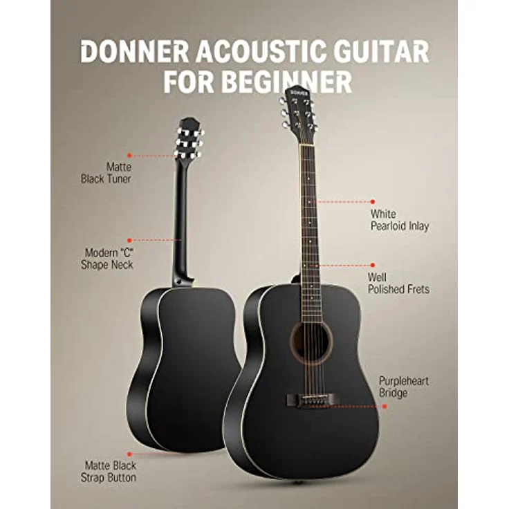 Donner Guitar Acoustic Beginners Full Size Acoustic Guitar Adult Set 4/4 Dreadnought 41 Inch with Gig Bag Capo Plectrums Strap Strings (Black) – Bild 2