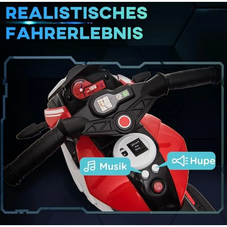 HOMCOM Elektro-Kindermotorrad mit Musik, Scheinwerfer, Geschwindigkeit 3km/h, Belastbarkeit 25 kg (Schwarz/Rot) 3-5 Jahre – Bild 3