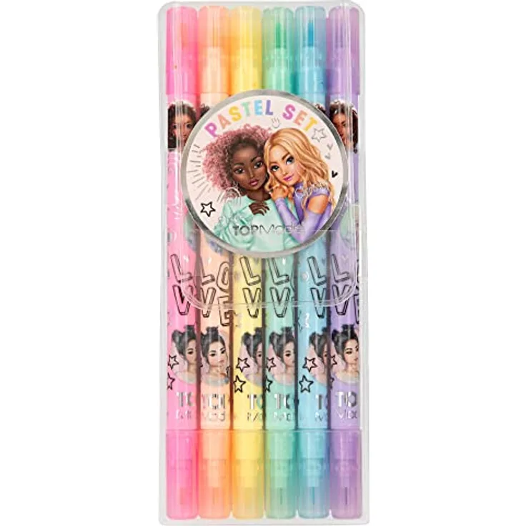 Depesche 12188 TOPModel - Stifte Set für Kinder, mit 6 Filzstiften in Pastellfarben, Doppelfaserstifte im Etui mit Pinsel- und Finelinerspitze