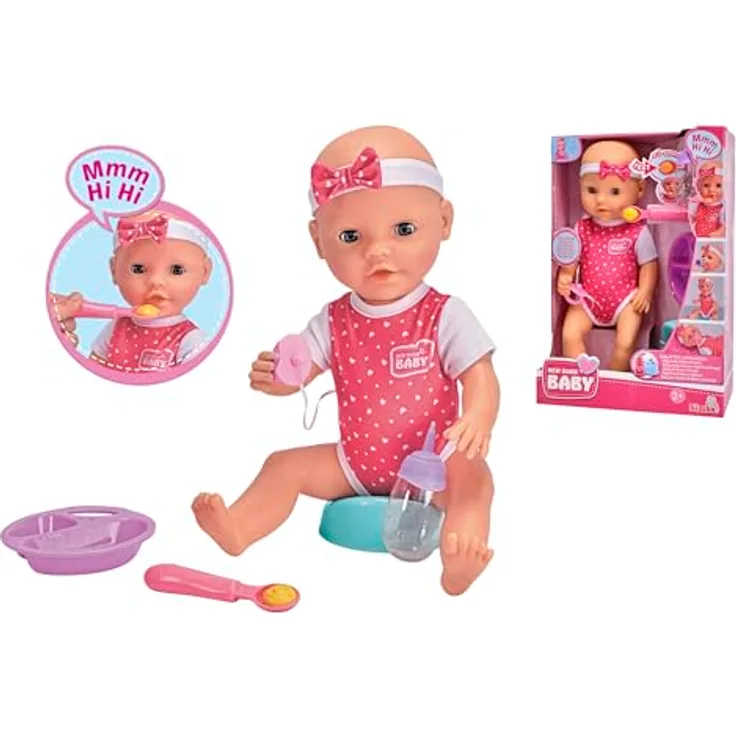 SIMBA Babypuppe New Born Baby Hungry, 38 cm interaktive Puppe mit 5-tlg. Zubehör und realistischen Spielgeräuschen