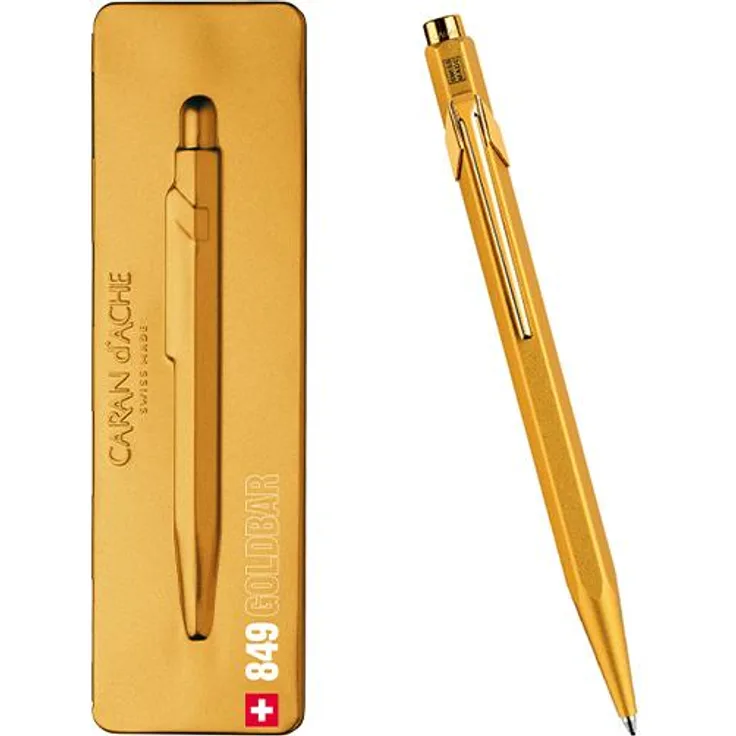 Caran d'Ache 849 Goldbar, Metall Kugelschreiber mit vergoldetem Clip, sechseckig, goldfarben, Swiss Made, 600 Seiten Schreibkapazität
