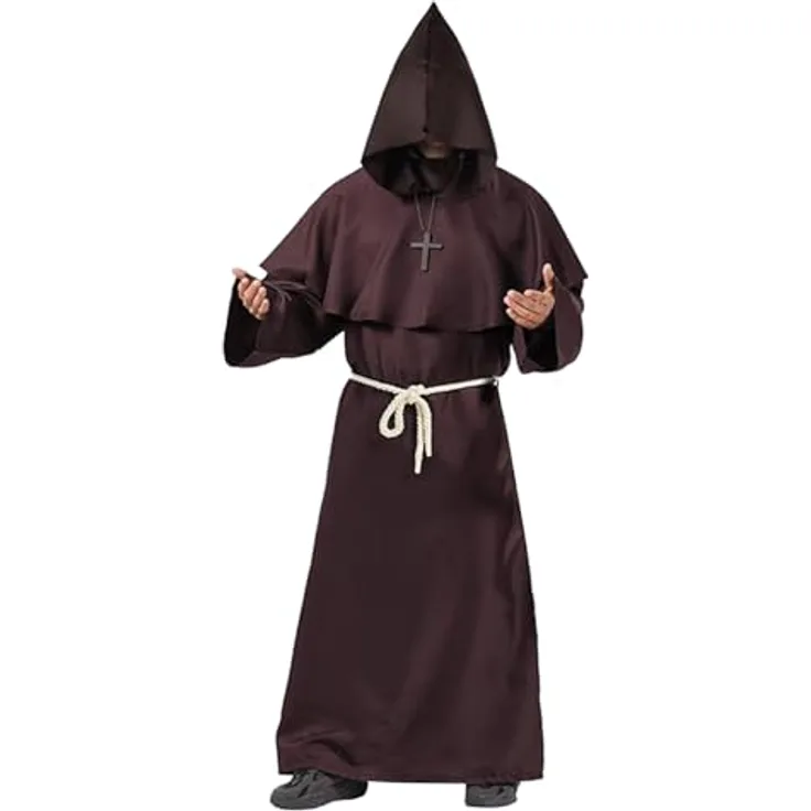 OriginalCorner® AirSuit® Mittelalterliches Mönch Kostüm für Erwachsene, lange Robe mit Kapuze und Holzkreuz, Größe M (170-175 cm) für Halloween und Karneval