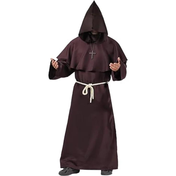 OriginalCorner® AirSuit® Mittelalterliches Mönch Kostüm für Erwachsene, lange Robe mit Kapuze und Holzkreuz, Größe M (170-175 cm) für Halloween und Karneval – Bild 1