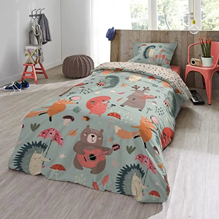 ESPiCO Bettwäsche Trendy Bedding Waldtiere Bunt Kinder Igel Eichhörnchen Elch Hase Fuchs Musik Instrumente, 135x200 cm – Bild 5