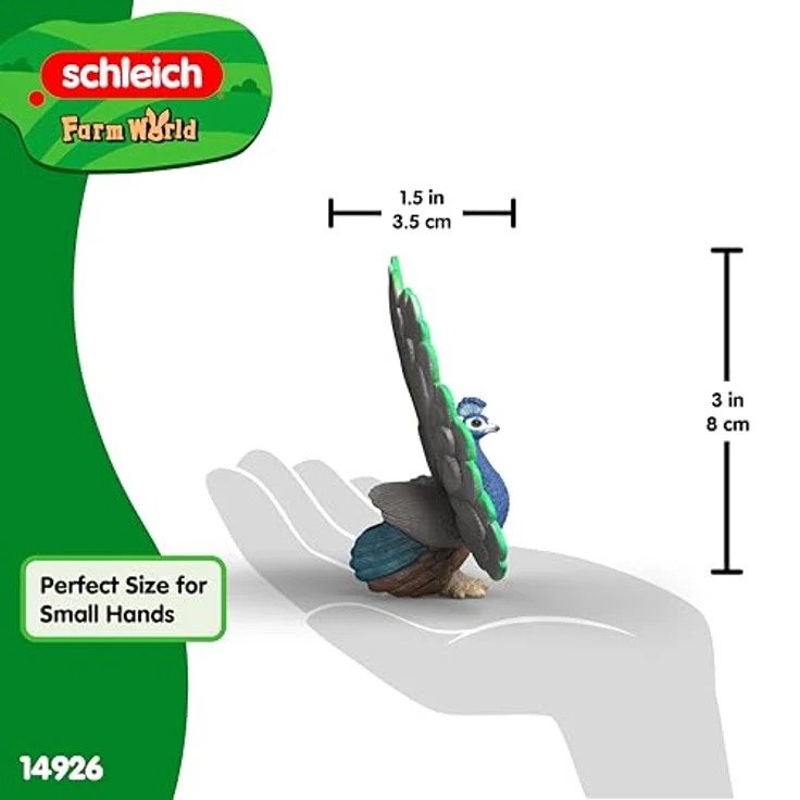 Schleich Pfau Figur Farm World, detailgetreue Nachbildung mit schillernden Schwanzfedern in Blau, Grün und Gold, 3,6 x 11 x 8 cm – Bild 6