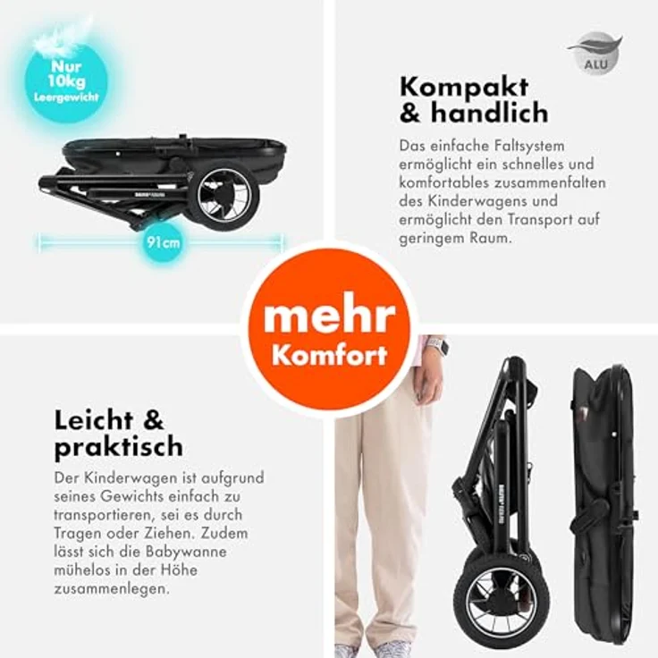 Daliya FLEXI-PRO M 2in1 Kombikinderwagen, klappbar mit Liegefunktion, höhenverstellbar, Dunkelgrau Leinen, für Neugeborene & Kleinkinder, mit großem Einkaufskorb – Bild 6