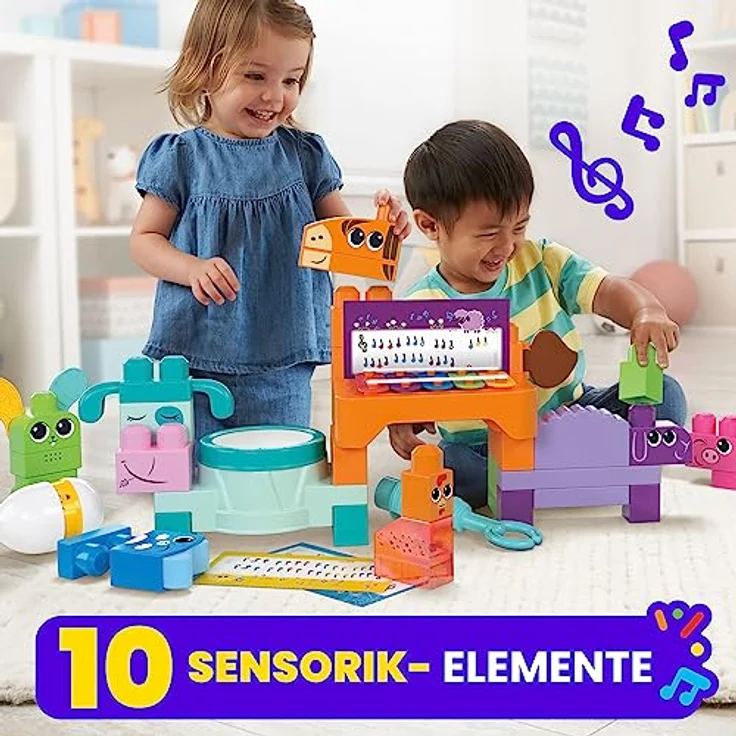 MEGA BLOCKS Fisher-Price sensorisches Bauspielzeugset, Musikspaß Bauernhoftiere mit 45 Bauklötzen für Kleinkinder und 6 Notenblättern, Geschenkideen für Kinder ab 1 Jahr, HPB46 – Bild 3