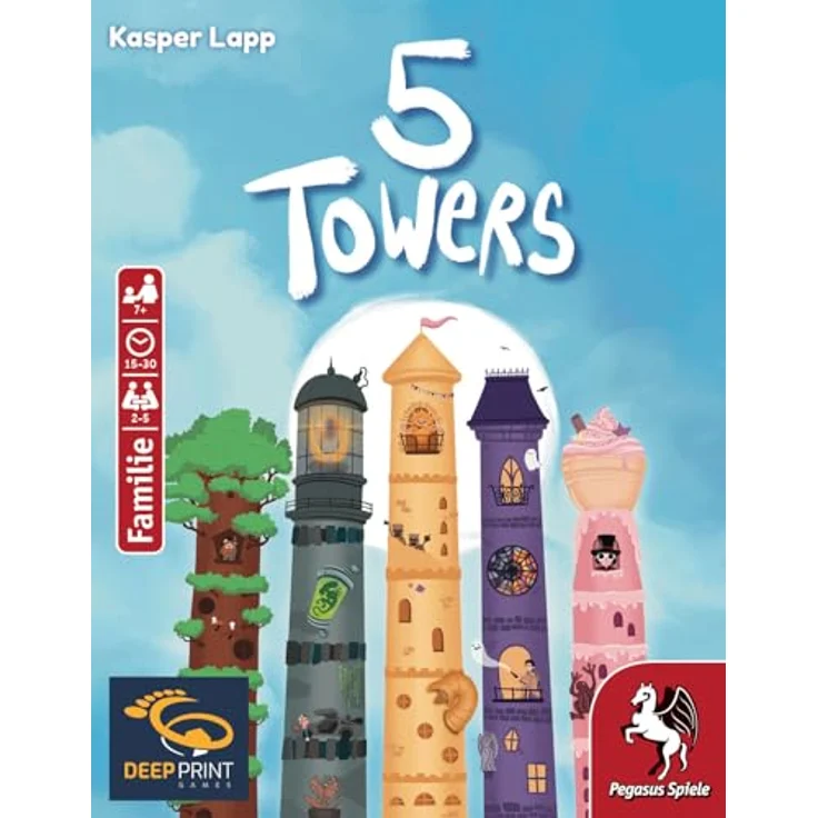 Pegasus Spiele 57814G 5 Towers (Deep Print Games), Schnelles Kartenspiel mit detailreichen Karten, 5 verschiedene Türme bauen, Zusatzpunkte für Türme mit Spitze - Brettspiel – Bild 2