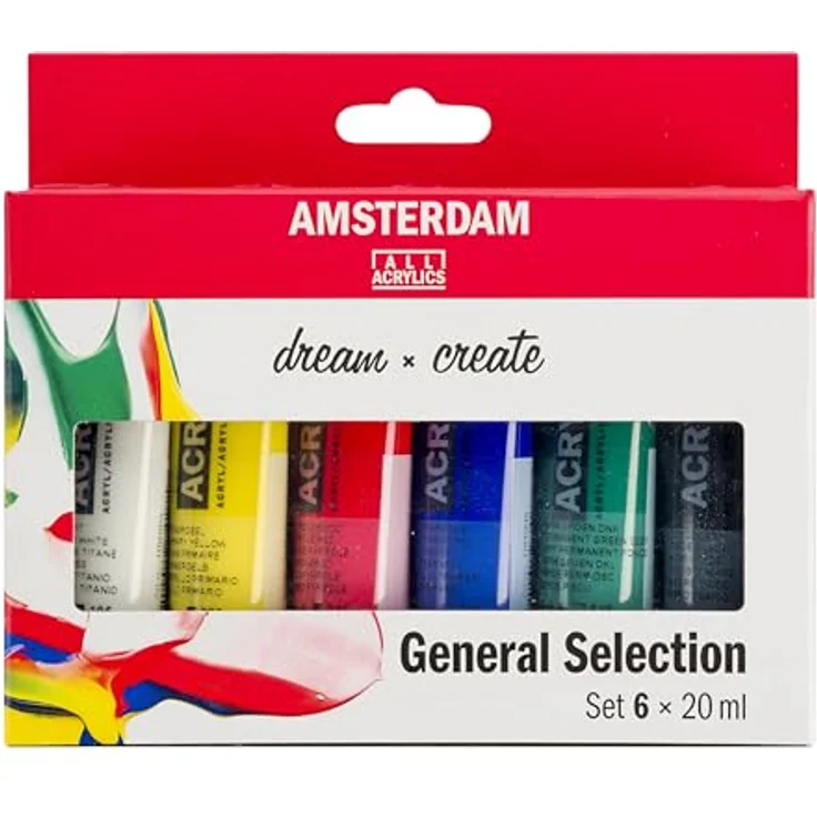 Amsterdam Standard Series Acrylfarben Set, 6 x 20 ml Tuben mit Titanweiß, Primärgelb, Pyrrolrot, Ultramarin, Permanentgrün dunkel, Oxidschwarz, lichtbeständige Farben mit seidenmattem Finish – Bild 1