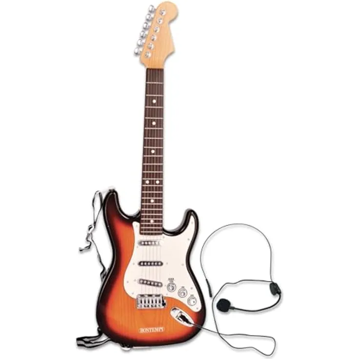 Bontempi Rock On, Elektronische Rockgitarre Wireless mit Mikrofon, Schultergurt und 10 vorinstallierten Songs, 67 cm