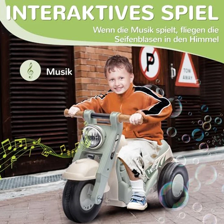 AIYAPLAY Kinder Motorrad, Rutschauto mit Musik, 1,5V Kinderauto mit Blasen, Dreirad Kindermotorrad für Kinder 2-5 Jahre, bis 30 kg belastbar, Cremeweiß – Bild 3