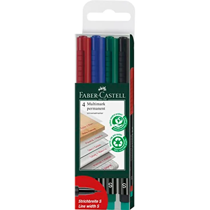 Faber-Castell 152304 - Marker MULTIMARK permanent, Stärke: S, 4er Etui, Inhalt: je 1x rot, blau, grün, schwarz – Bild 1
