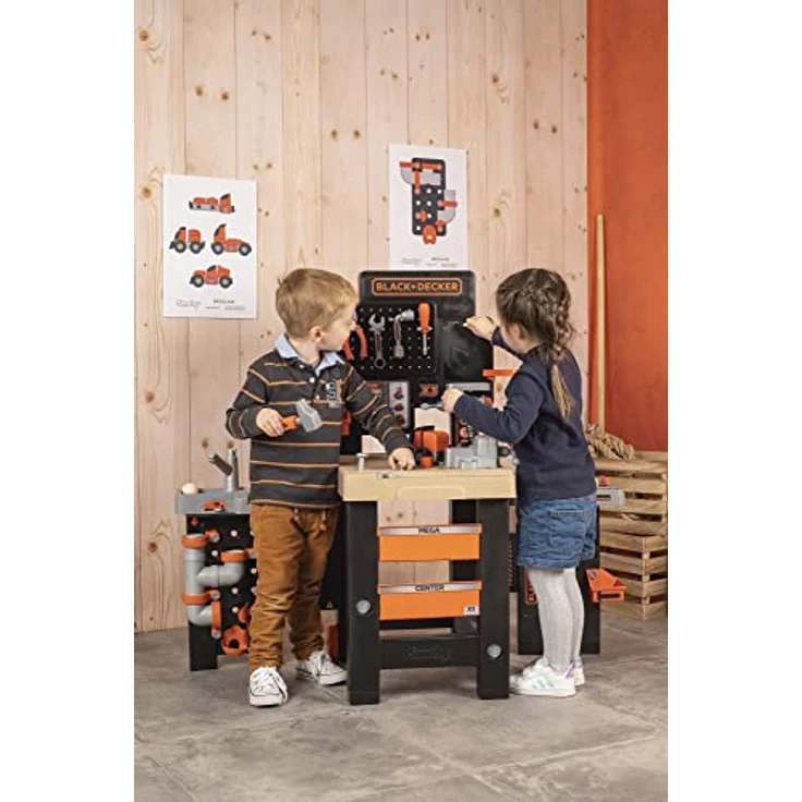 Smoby Toys - Black+Decker Mega Werkbank Center (100 Teile) - Spielzeug-Werkstatt für Kinder ab 3 Jahren mit Werkzeug, Nagelbrett, Autobausatz & mechanischem Akkuschrauber – Bild 8