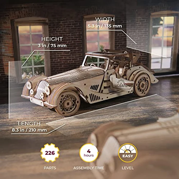UGEARS Sports Car Rapid Mouse, 3D Holzpuzzle Bausatz für Erwachsene mit 222 Teilen, mechanisches Modellauto mit Rückzugsmotor und klappbarem Dach – Bild 3