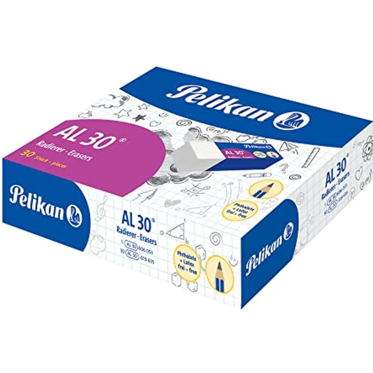 Pelikan Radiergummi, AL 30, weißer Gummi, für Graphitstifte, technisches und künstlerisches Design, für Kinder geeignet, 30 Stück, Größe 43 x 17 x 12 mm
