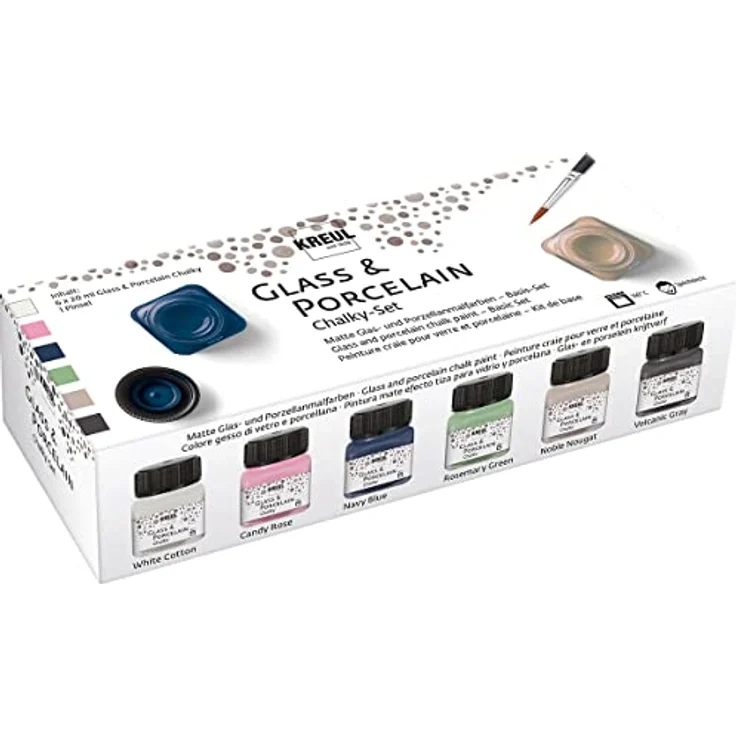 KREUL Glass & Porcelain Set Chalky, 6 x 20 ml in weiß, rosa, blau, grün, braun und grau, sanft-matte, deckende Malfarbe auf Wasserbasis mit Pinsel – Bild 1