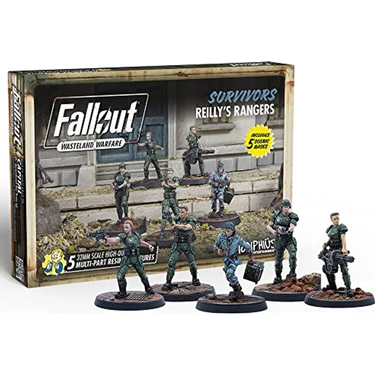 Modiphius Fallout: Wasteland Warfare - Survivors - Reilly's Rangers, 5 Resin Miniaturen mit 32mm und 30mm Scenic Bases, unbemalt – Bild 3