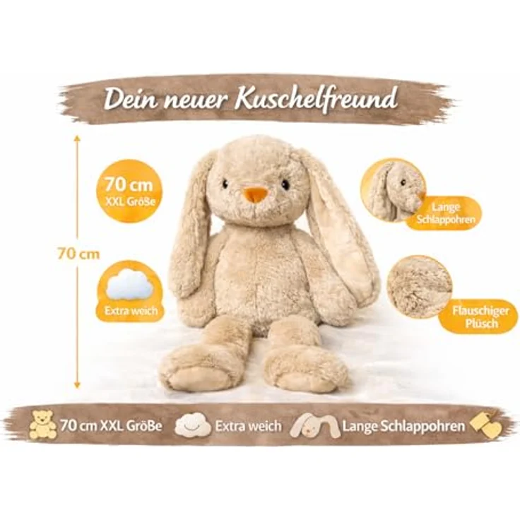 Tendertoys Kuscheltier Hase XXL 70 cm, weiches Plüschtier in braun-pastell mit langen Ohren, ideal zum Spielen, Schlafen und Dekorieren, Geschenk für Kinder – Bild 8