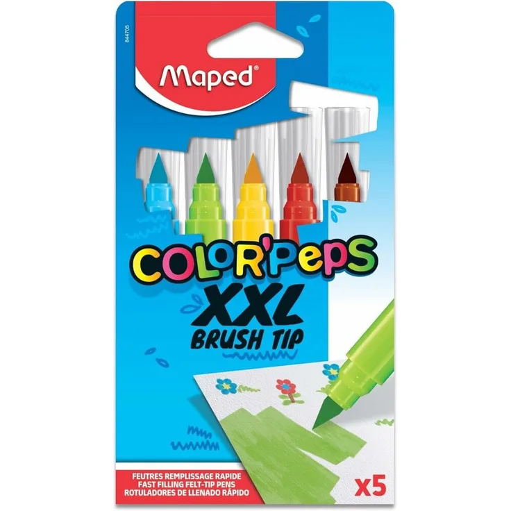 MAPED Filzstift Pinsel-Filzstift Color Peps XXL Brush Tip 5er-Sc leuchtende Farben, Extra-flexible Jumbo-Pinselspitze, hervorragende Deckkraft