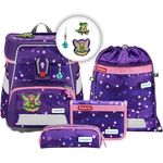 Step by Step Schulranzen-Set SPACE Playmobil „Ayuma Leavi“, 5-teilig, ergonomischer Tornister, höhenverstellbar mit Hüftgurt, 20L, lila-pink, Ayuma-Design