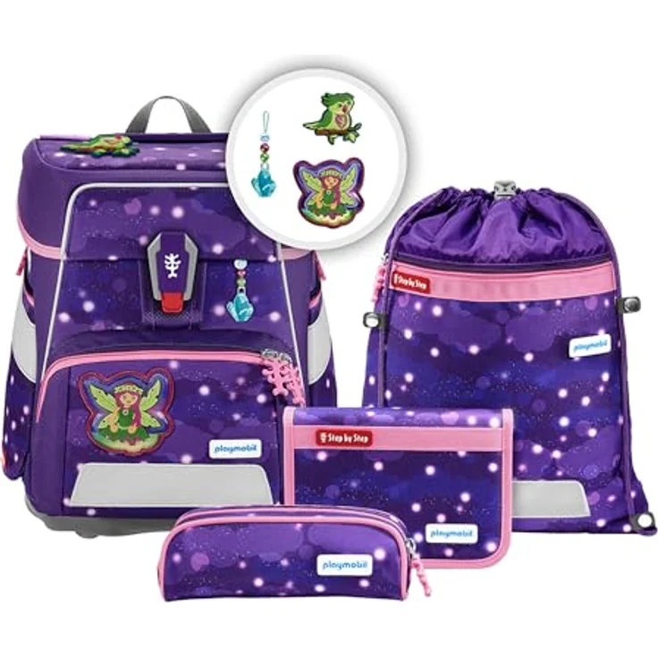 Step by Step Schulranzen-Set SPACE Playmobil „Ayuma Leavi“, 5-teilig, ergonomischer Tornister, höhenverstellbar mit Hüftgurt, 20L, lila-pink, Ayuma-Design – Bild 1