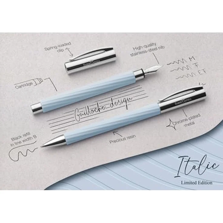 Faber-Castell Drehkugelschreiber Ambition Italic Ice Blue, dokumentenecht, 0,5 mm Strichstärke, Edelharz-Schaftherstellung, rund, silberner Clip – Bild 6