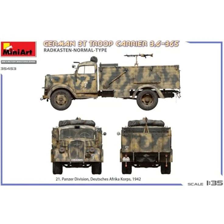Mini Art Miniart 1:35 - German 3T Truck 3,6-36S Radkasten Normal Type, detaillierter Modellbausatz mit Truppenbänken für Wehrmacht-Transporter – Bild 6