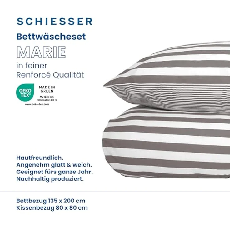 Schiesser Bettwäsche Renforcé Pure Elegance, Farbe: grau und weiß gestreift, Größe: 135 cm x 200 cm – Bild 2