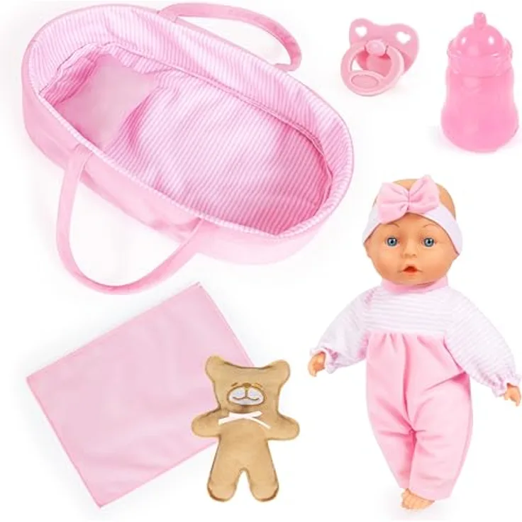 Bayer Babypuppe Cozy 28cm, Weichkörperpuppe mit Zubehör, 6-teilig, inklusive Trage, Decke, Kissen, Teddy, Schnuller und Flasche