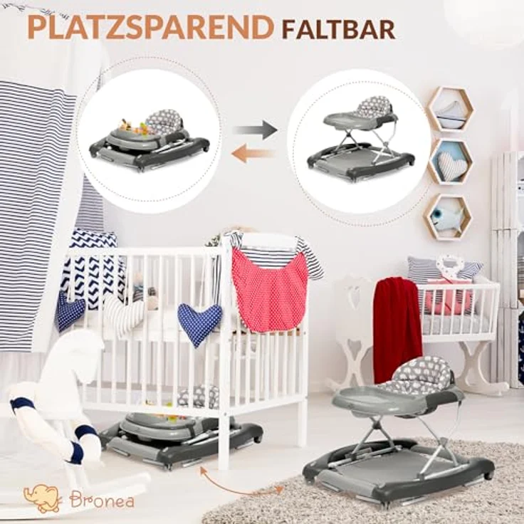 Bronea 4-in-1 Gehfrei Baby ab 6 Monate | Lauflernwagen mit Schaukelfunktion und Spielpaneel mit Musik | Höhenverstellbare und Klappbar | Lauflernhilfe mit leisen Rollen und Bremsen – Bild 5