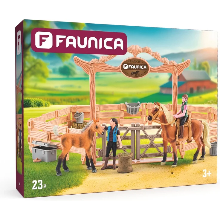 Woodyland Faunica Spielset Pferderanch, 23-teilig mit Pferd, Fohlen und Zubehör, kombinierbar