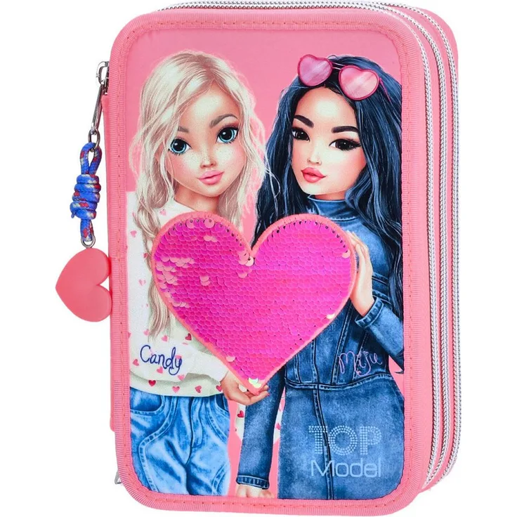 Depesche 3-Fach Federtasche mit Wendepailletten TOPModel, pink-schimmernd mit Doppel-Model-Motiv