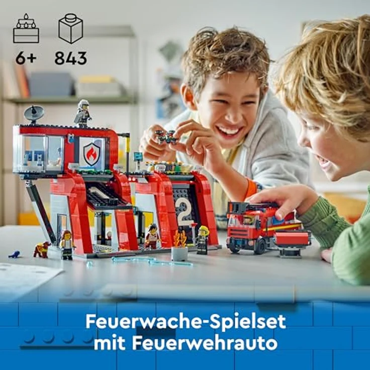 LEGO City Feuerwehrstation mit Drehleiterfahrzeug, Feuerwehr-Spielzeug mit Feuerwache und Feuerwehrauto, Geburtstagsgeschenk für Kinder ab 6 Jahren, Set mit Hund und 5 Minifiguren 60414 – Bild 2