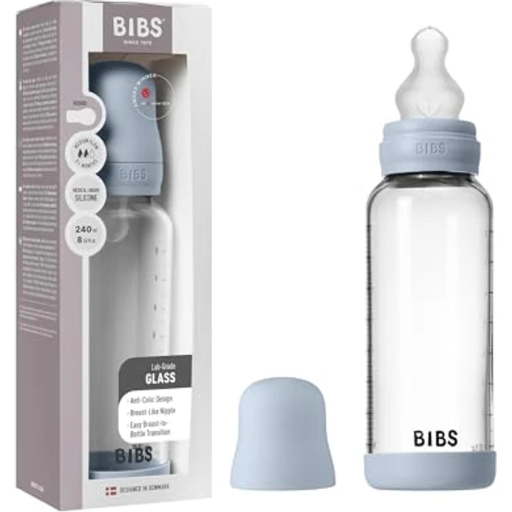 BIBS Baby Glasflasche 240ml, Vermindert Koliken, Runder Silikonsauger, BPA-frei, Hergestellt in Dänemark - Baby Blue – Bild 1