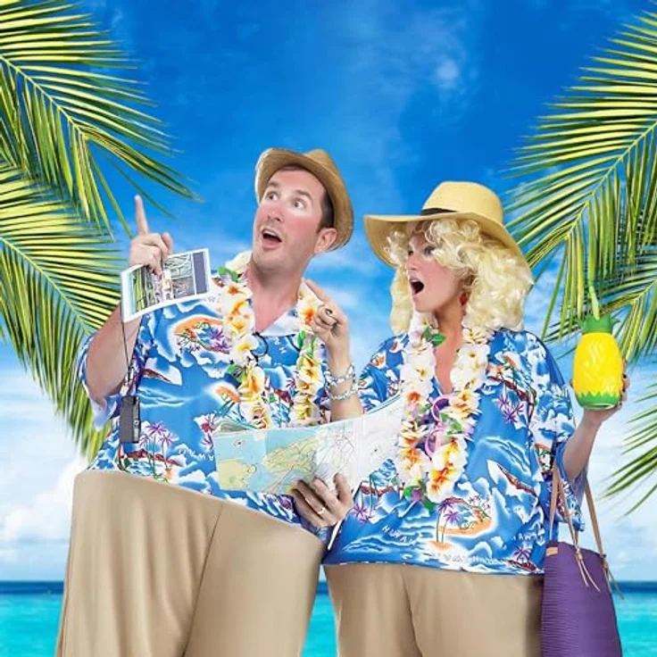Fun World Division Urlauber Faschingskostüm, Ganzkörperanzug mit Hawaiihemd und Bermudashorts, himmelblau/beige, für Karneval (L, M) – Bild 3