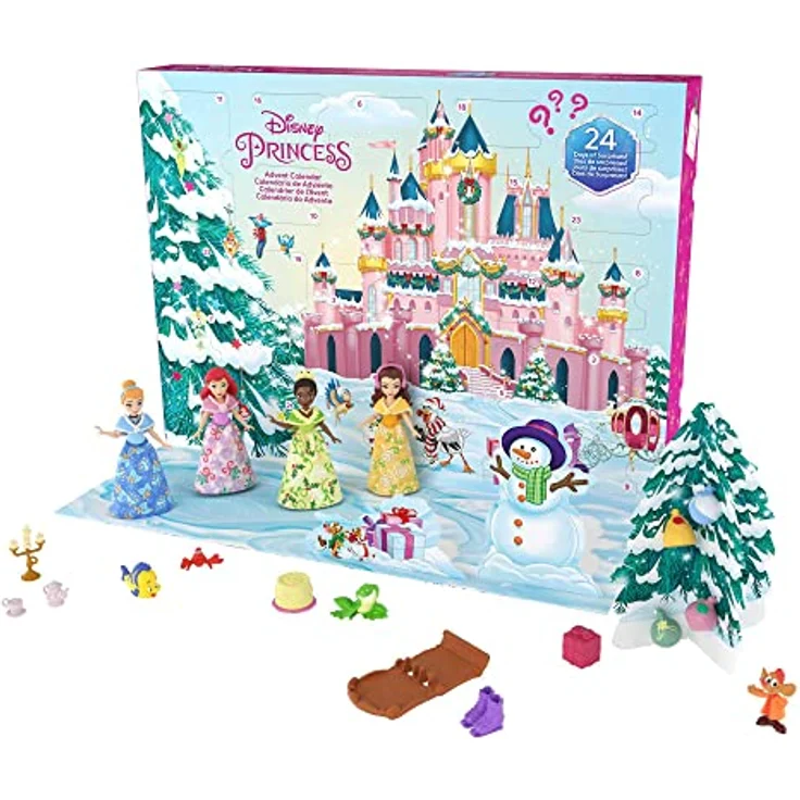 DISNEY Princess Adventskalender - 24 Türchen mit Geschenken rund um beliebte Filmfiguren wie Tiana, Cinderella und Belle, inklusive 4 kleinen Prinzessinnenpuppen, HLX06 – Bild 1