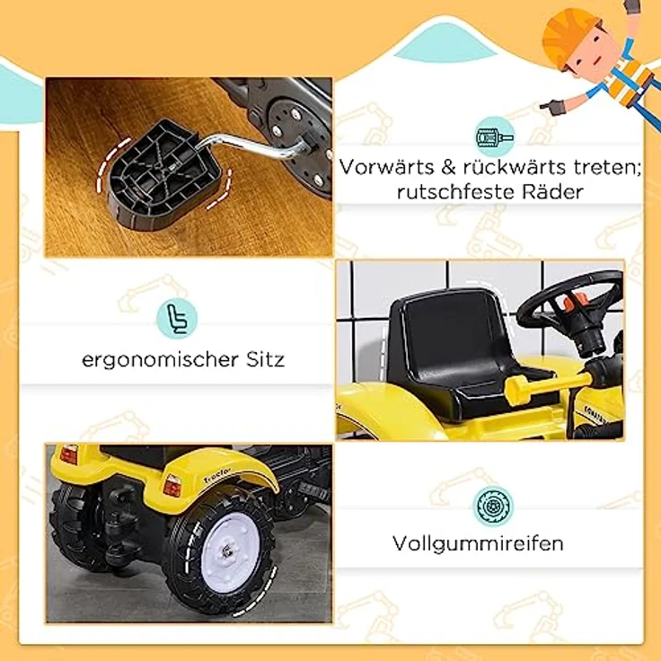 HOMCOM Trettraktor Sitzbagger, Aufsitzbagger mit Schaufel Rutscherfahrzeug, für 3-jährige Kinder, Schwarz/Gelb – Bild 4