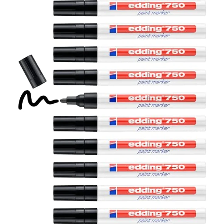 edding 750 Lackmarker - schwarz - 10 Stifte - Rundspitze 2-4 mm - Lackstift zur Markierung und Beschriftung von Metall, Glas, Stein oder Kunststoff - hitzebeständig, permanent, wischfest – Bild 1