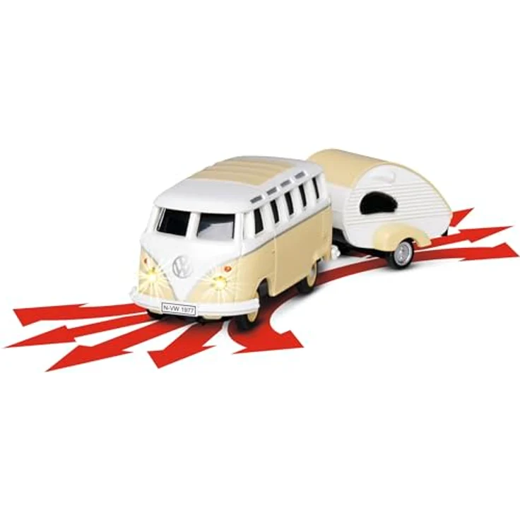 Carson 500504164 1:87 VW T1 Samba Bus mit Wohnwagen 2.4GHz 100% - RC Modell, LED-Beleuchtung, hochwertige Qualität, H0 Auto, Diorama Fahrzeug, blau – Bild 3