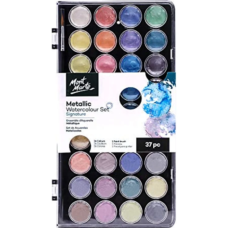 Mont Marte Metallic Aquarellfarben Set, 36 Wasserfarben inklusive Pinsel, kompaktes Design, ideal für Anfänger und Profis – Bild 1
